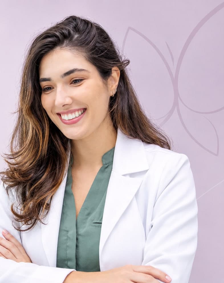 Dra. Fernanda Torraca sorrindo, de jaleco branco