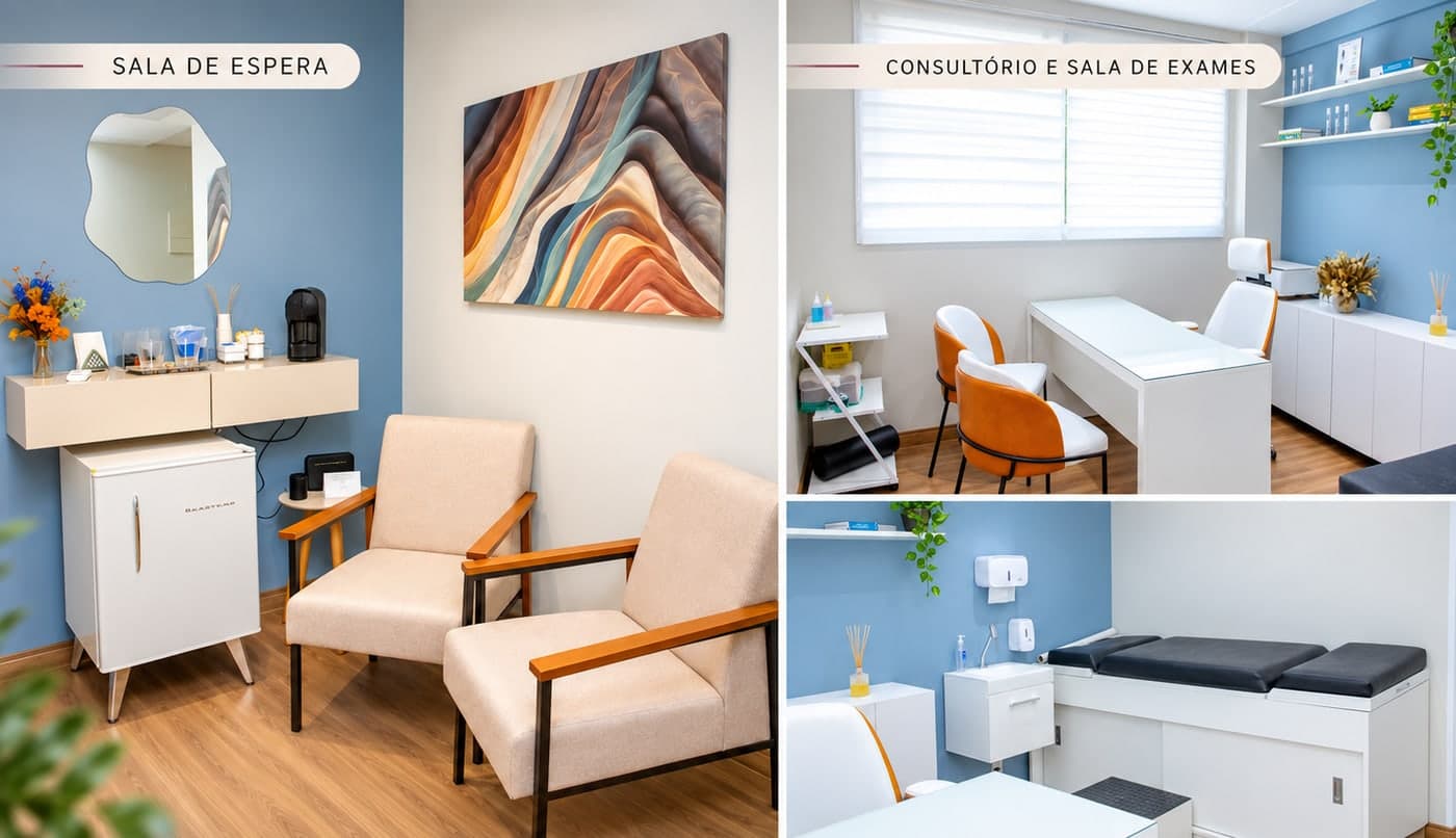 Consultório da endocrinologista Dra. Fernanda Torraca em Jacarepaguá, Rio de Janeiro: sala de espera e sala de exames